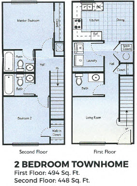 Floor plan for 2 beds, 2.5 baths, 942 sqft